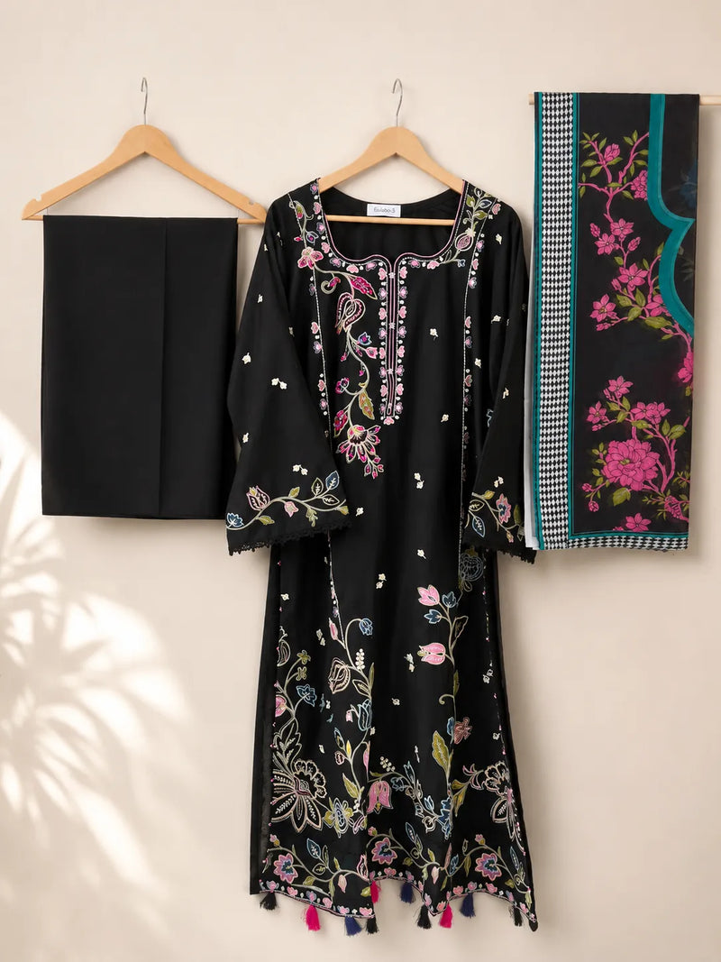 Black Long Embroidered 3-Piece Stitched Suit with Purple Floral Work & Printed Dupatta