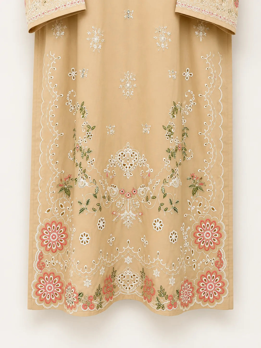 Beige / Skin Floral Embroidered Lawn 3-Piece Stitched Suit with Schiffli Lace Sleeves & Doriya Dupatta