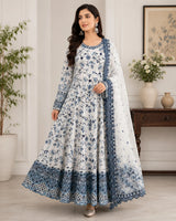 Faiza Saqlain Inspired Blue & White Printed Lawn Frock 3-Piece Stitched Suit with Net Dupatta