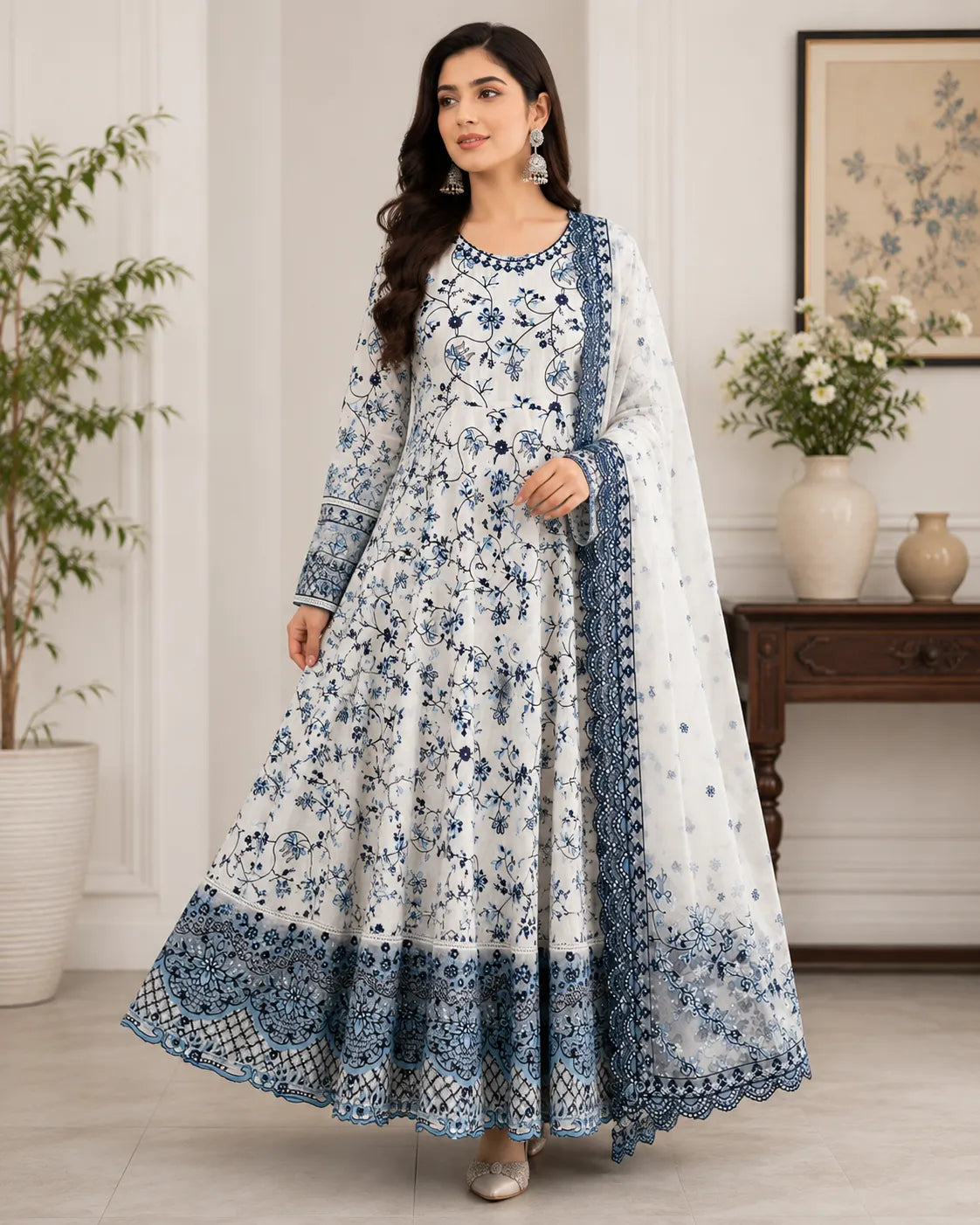 Faiza Saqlain Inspired Blue & White Printed Lawn Frock 3-Piece Stitched Suit with Net Dupatta