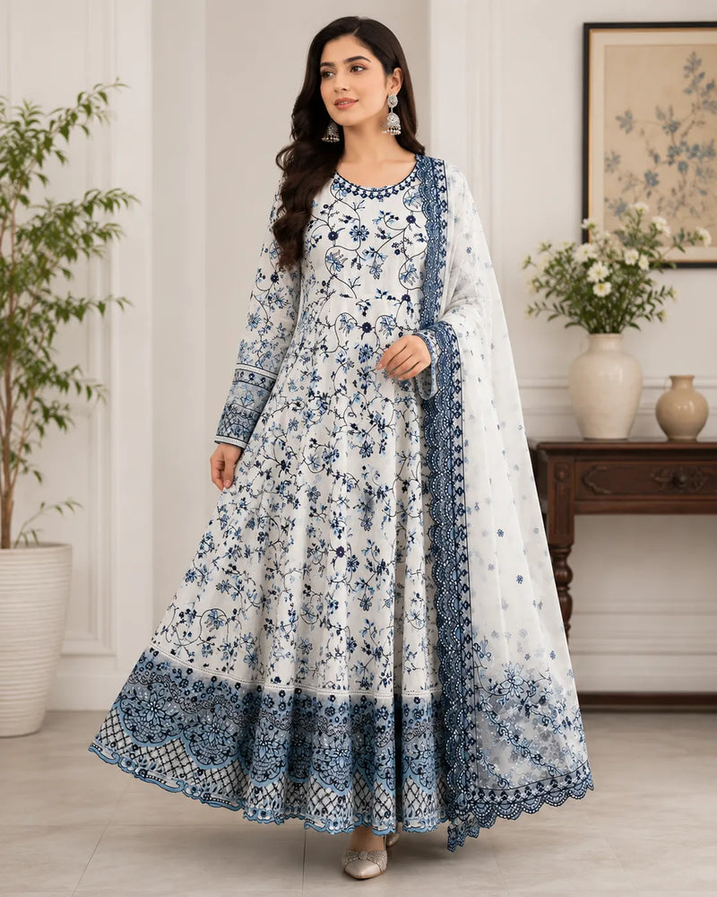Faiza Saqlain Inspired Blue & White Printed Lawn Frock 3-Piece Stitched Suit with Net Dupatta