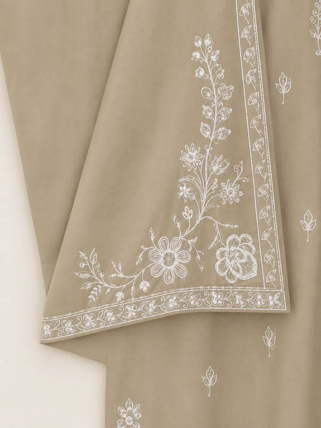 Beige Grey Embroidered 3-Piece Stitched Suit with Printed Bamber Dupatta