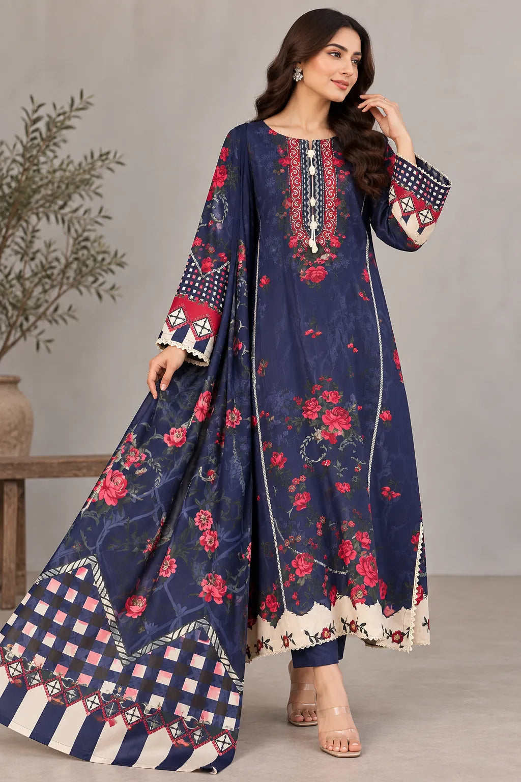 Deep Purple Floral Lawn Kaftan 3 Piece Suit | Embroidered Neckline & Geometric Borders