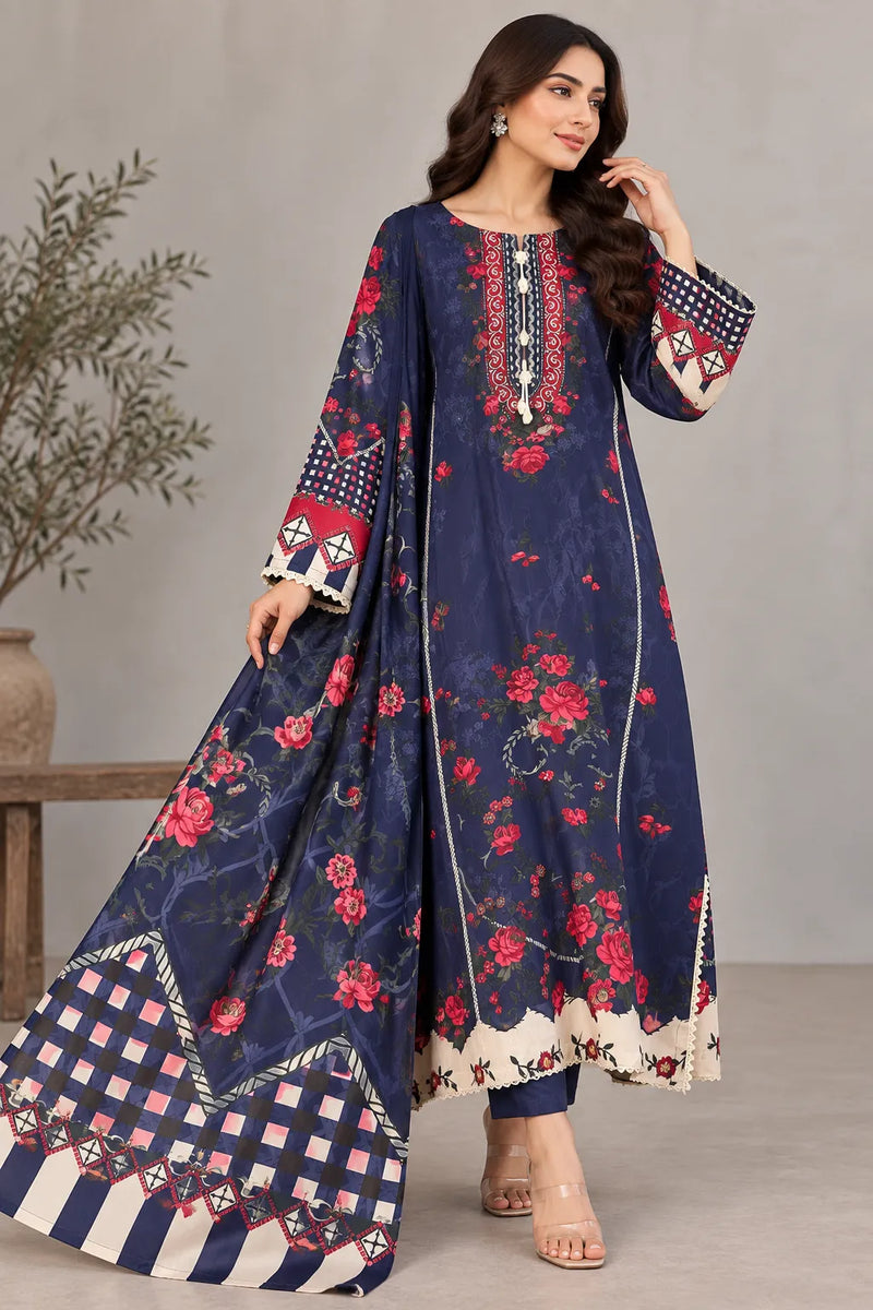 Deep Purple Floral Lawn Kaftan 3 Piece Suit | Embroidered Neckline & Geometric Borders