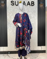 Deep Purple Floral Lawn Kaftan 3 Piece Suit | Embroidered Neckline & Geometric Borders