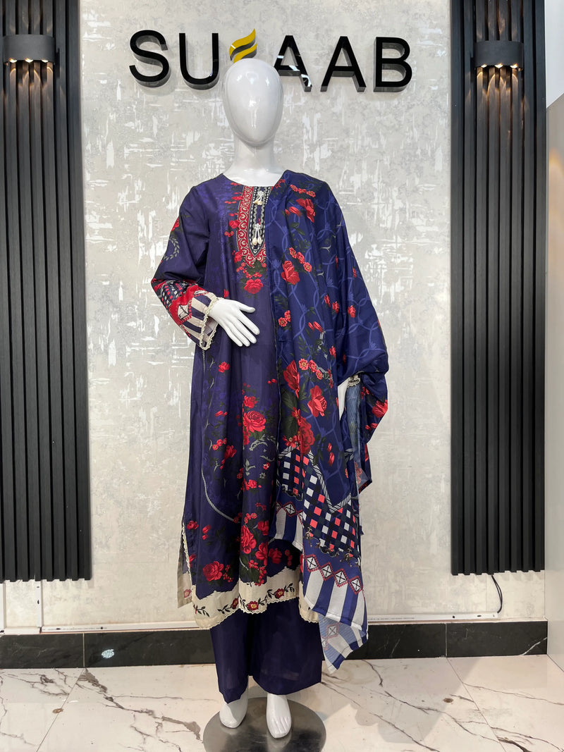 Deep Purple Floral Lawn Kaftan 3 Piece Suit | Embroidered Neckline & Geometric Borders