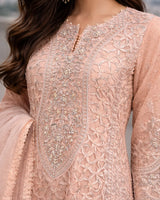 Peach Pink Embroidered Pakistani Formal Suit with Lace Dupatta | Sufaab