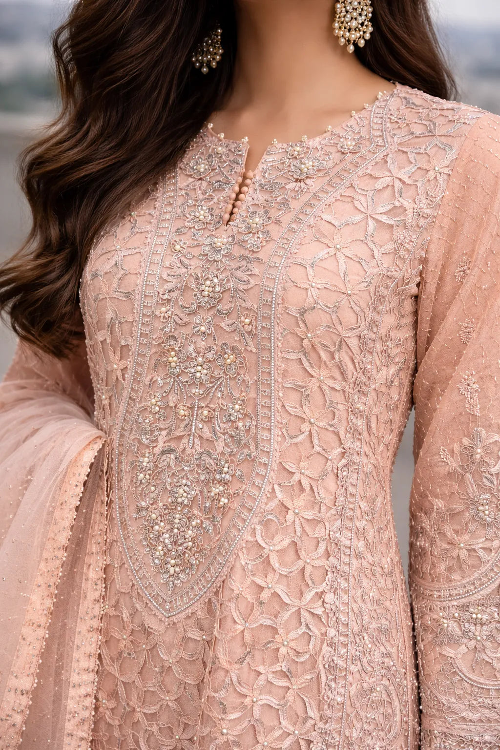 Peach Pink Embroidered Pakistani Formal Suit with Lace Dupatta | Sufaab