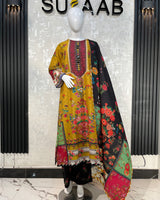 Mustard Yellow Colorful Floral Lawn Kaftan 3 Piece Suit | Embroidered Placket & Patchwork Borders