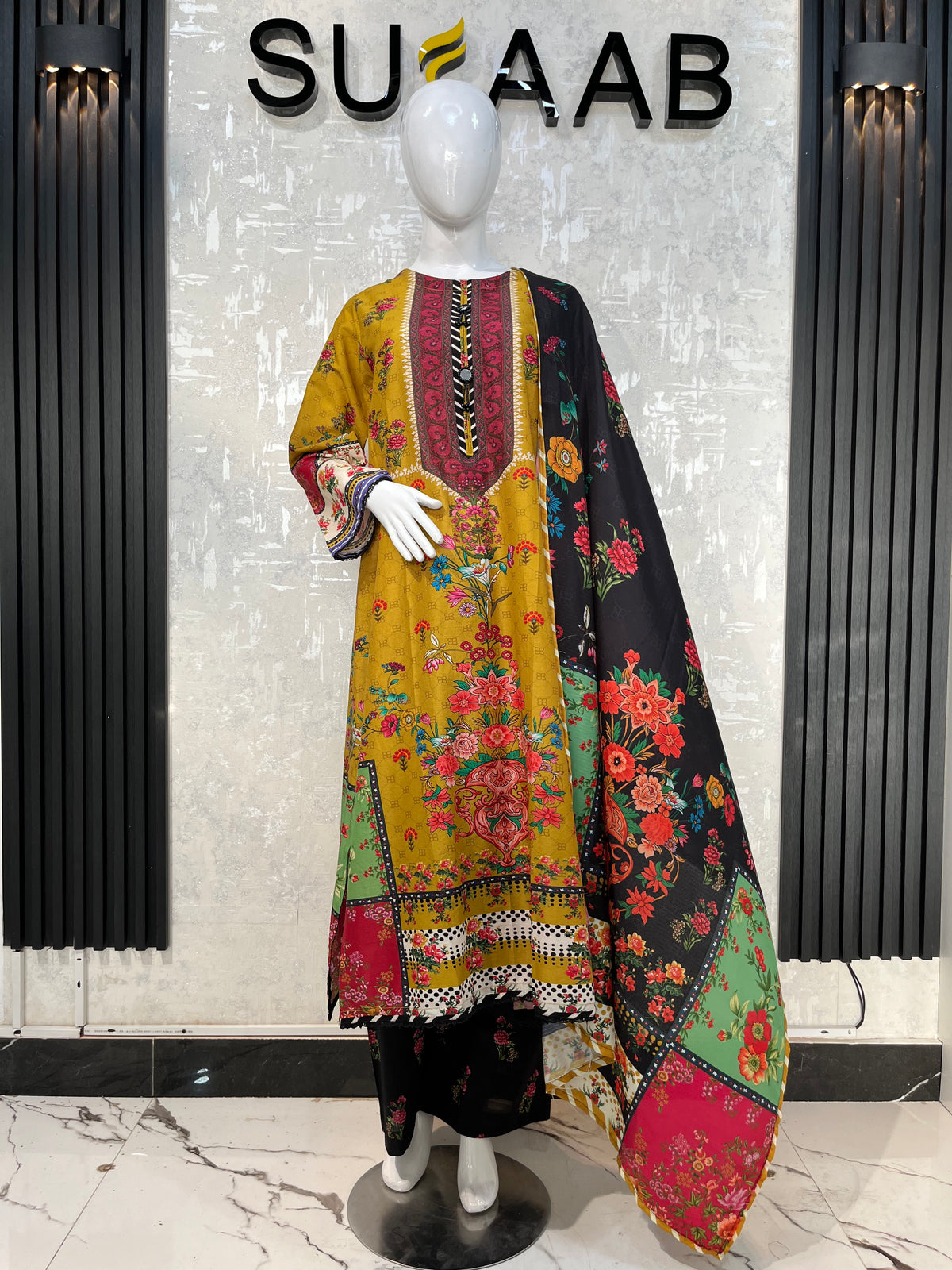 Mustard Yellow Colorful Floral Lawn Kaftan 3 Piece Suit | Embroidered Placket & Patchwork Borders