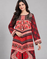 Bright Red Printed Lawn 3 Piece Kaftan Suit | Ornate Neckline & Matching Dupatta