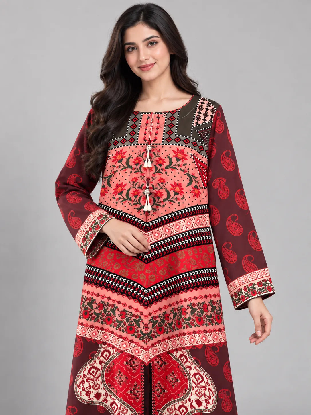 Bright Red Printed Lawn 3 Piece Kaftan Suit | Ornate Neckline & Matching Dupatta