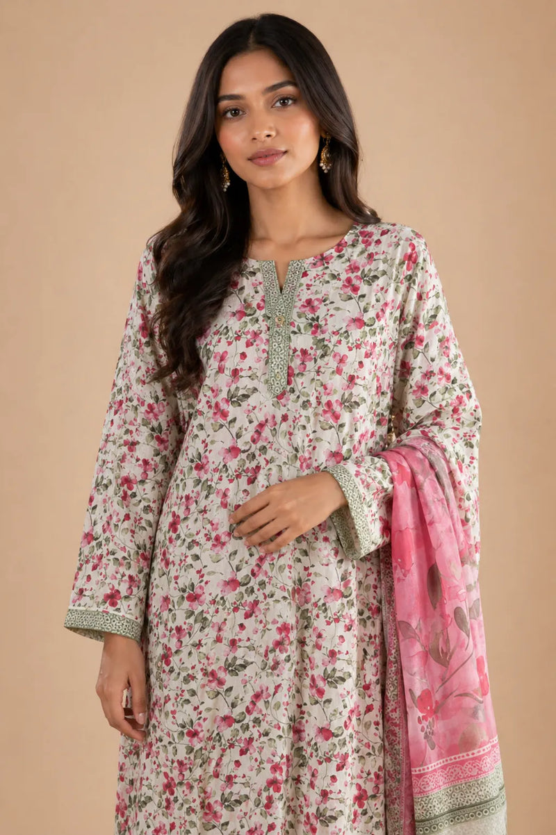 Pink & Pista Green Floral Lawn 3 Piece Suit | Detailed Neckline & Contrasting Dupatta