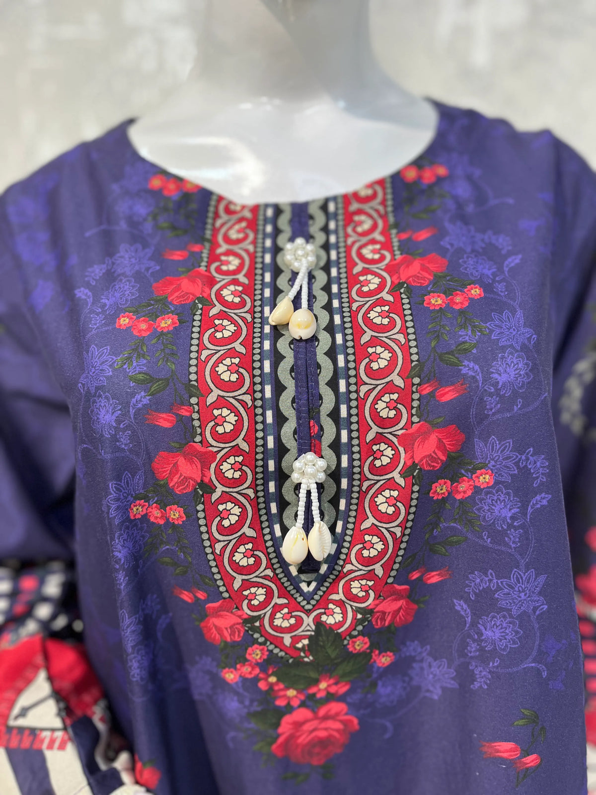 Deep Purple Floral Lawn Kaftan 3 Piece Suit | Embroidered Neckline & Geometric Borders
