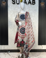 Skin Beige & Blue Floral Lawn Kaftan 3 Piece Suit | Embroidered Borders & Mandala Motif