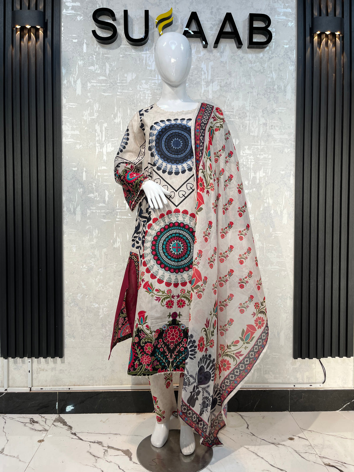 Skin Beige & Blue Floral Lawn Kaftan 3 Piece Suit | Embroidered Borders & Mandala Motif