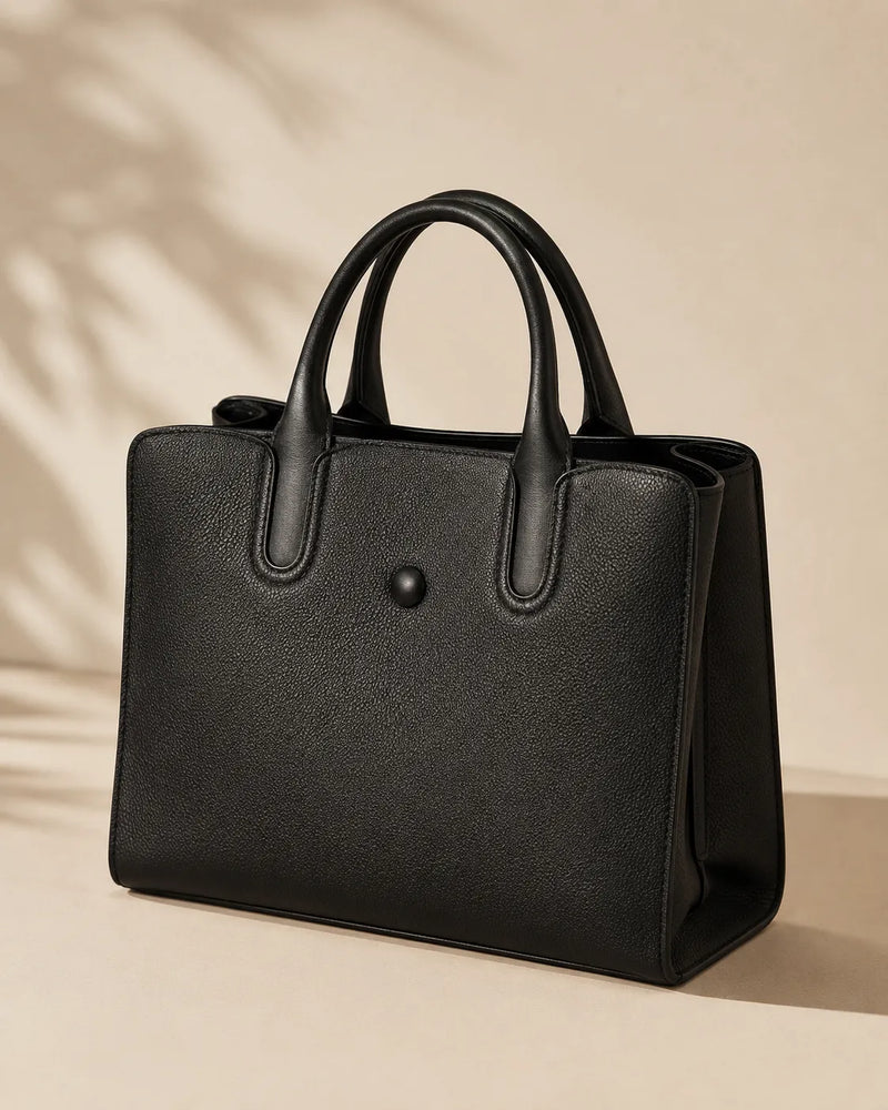 Medium Black Pebbled Leather Top-Handle Tote Bag | Structured Handbag