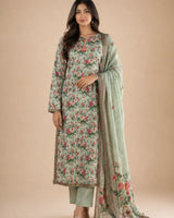 Pista Green Floral Lawn 3 Piece Suit | Tassel Neckline & Matching Dupatta