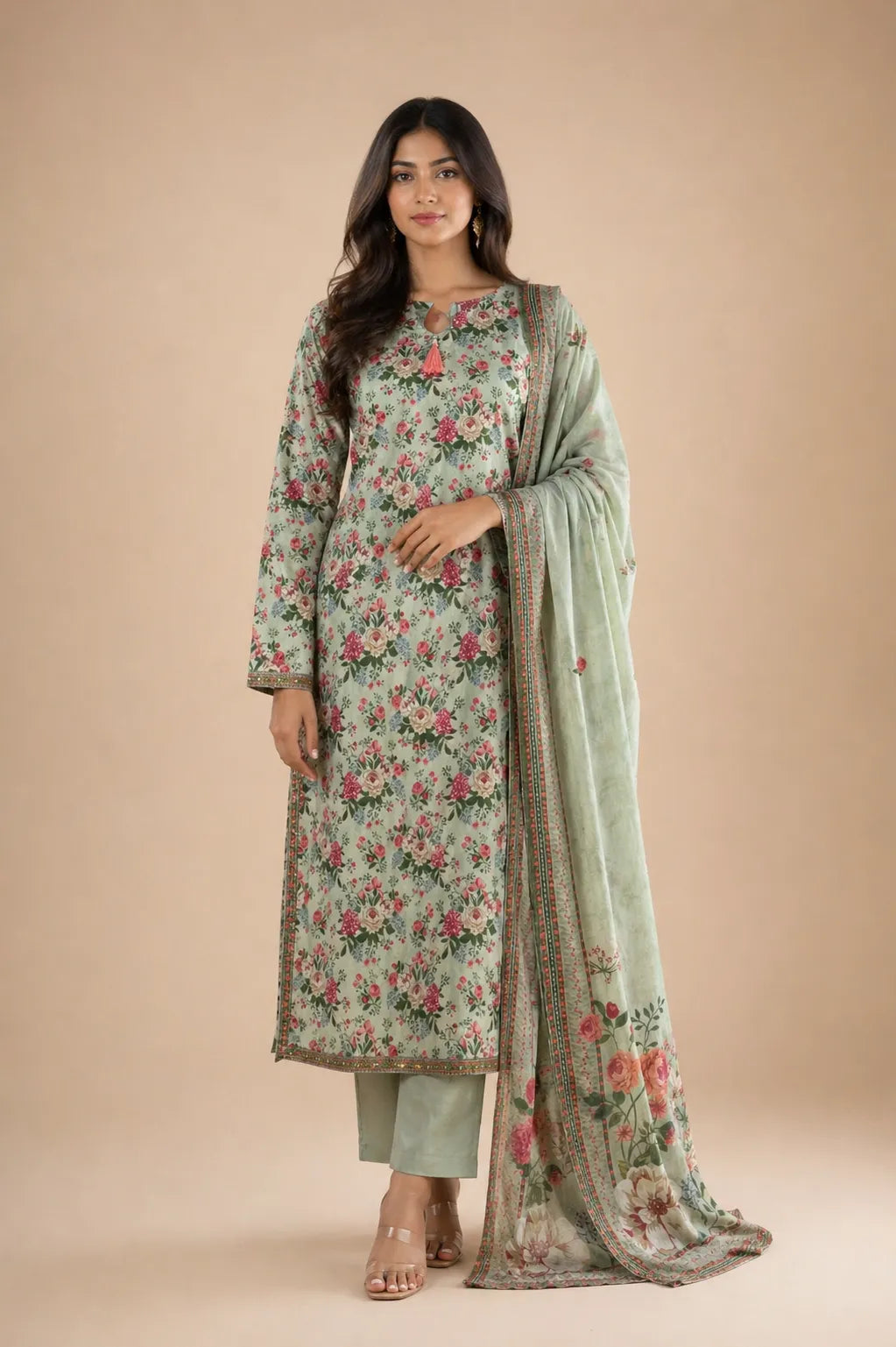 Pista Green Floral Lawn 3 Piece Suit | Tassel Neckline & Matching Dupatta