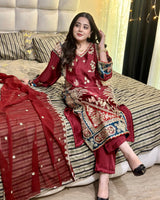 Maroon Embroidered Pakistani 3-Piece Suit with Teal Blue Borders | SUFAAB