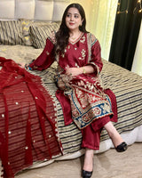Maroon Embroidered Pakistani 3-Piece Suit with Teal Blue Borders | SUFAAB