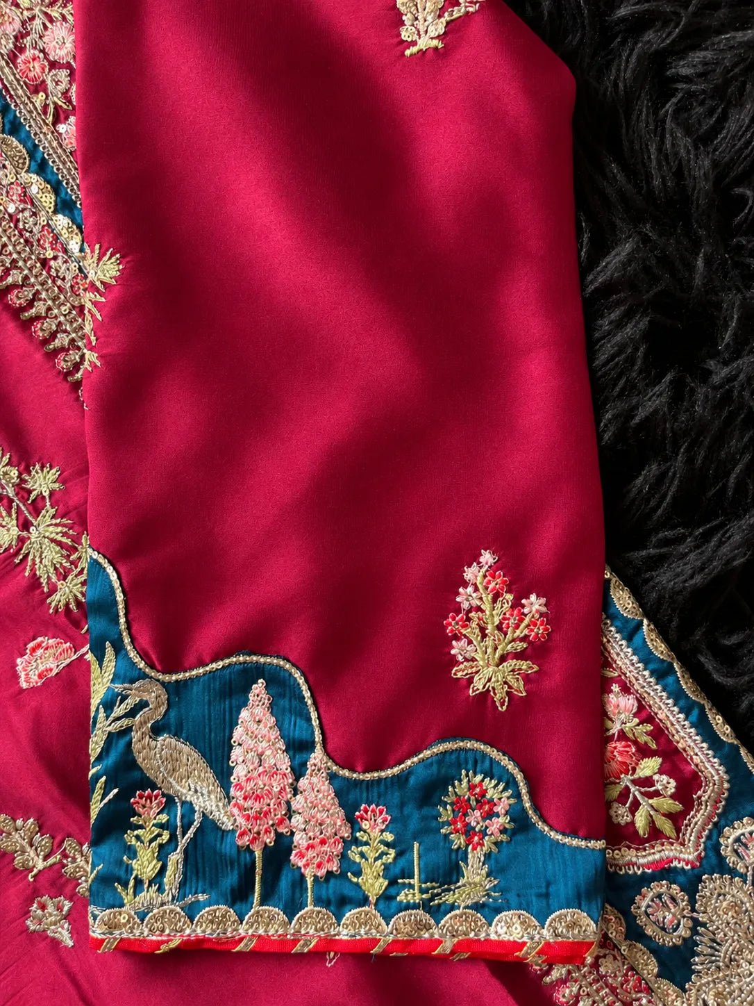 Maroon Embroidered Pakistani 3-Piece Suit with Teal Blue Borders | SUFAAB