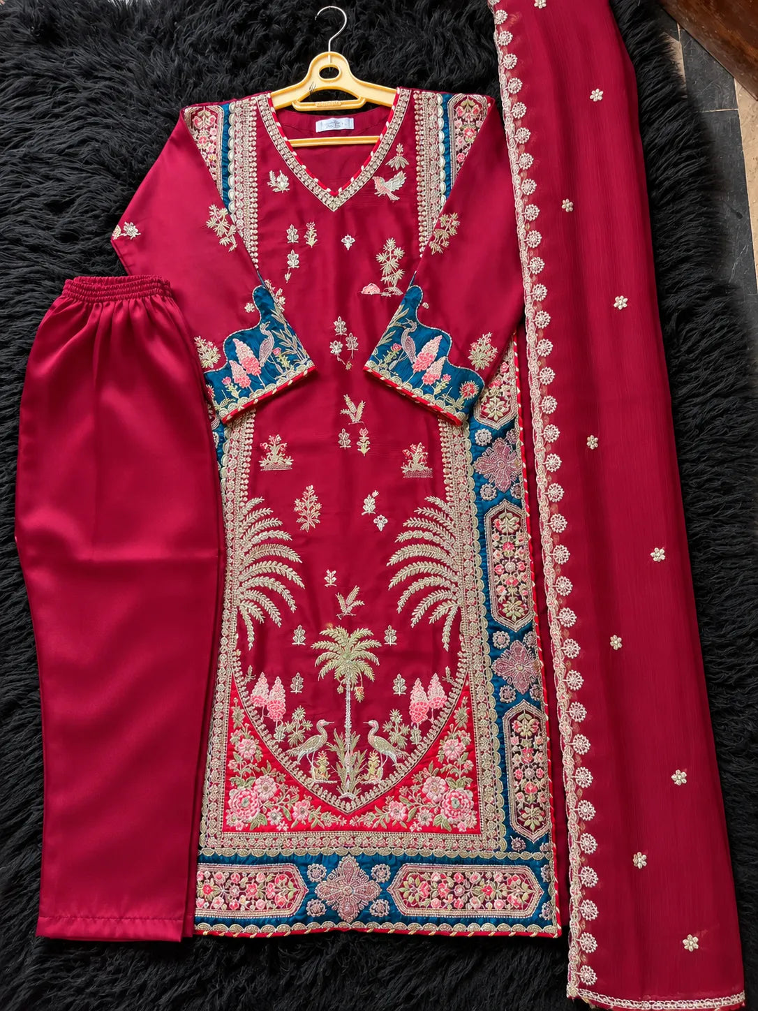 Maroon Embroidered Pakistani 3-Piece Suit with Teal Blue Borders | SUFAAB