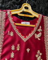 Maroon Embroidered Pakistani 3-Piece Suit with Teal Blue Borders | SUFAAB