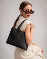 Medium Black Pebbled Leather Top-Handle Tote Bag | Structured Handbag