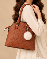Brown Quilted Leather Top-Handle Satchel Bag | Fur Pom Pom Charm