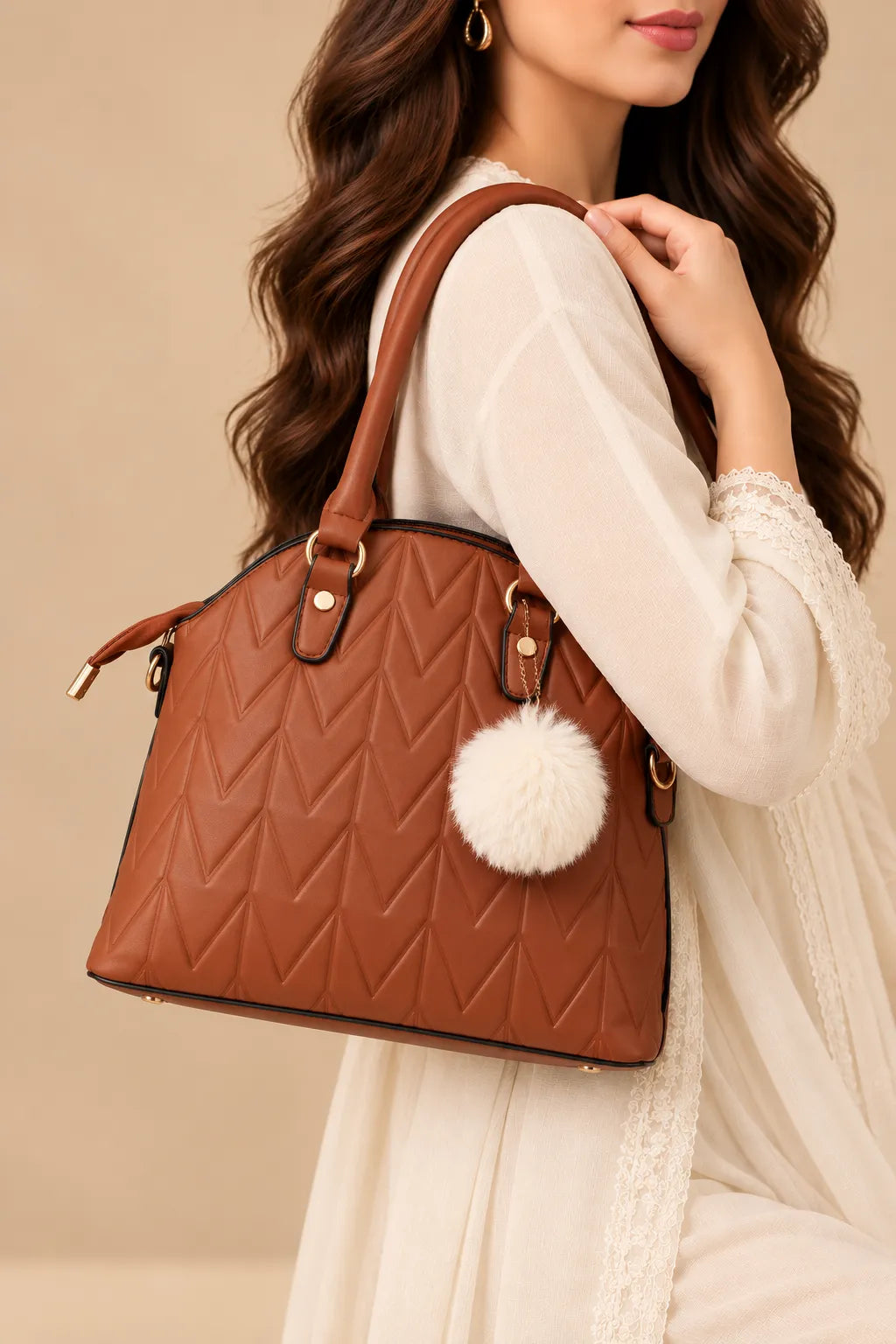 Brown Quilted Leather Top-Handle Satchel Bag | Fur Pom Pom Charm