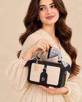 Black & Cream Woven Leather Box Bag | Scarf Top-Handle Trunk Purse