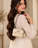 Min Min Off-White Woven Padded Flap Bag | Silver Chain Shoulder Purse with Star Charm