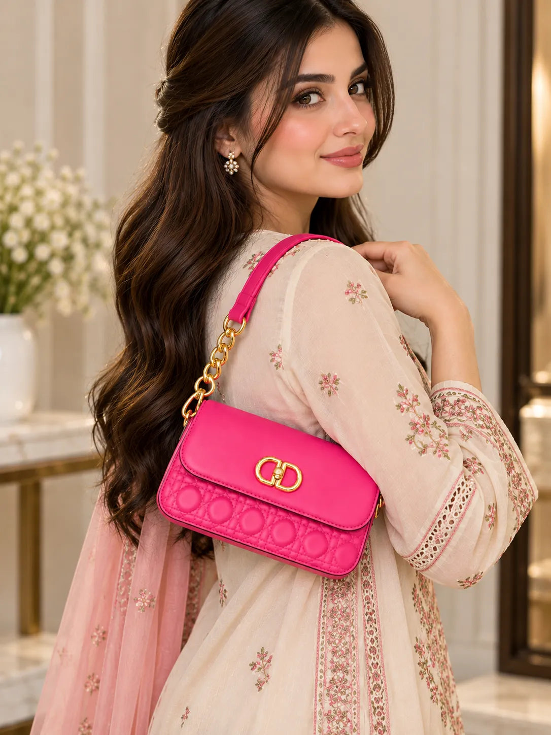 Shocking Pink Cannage Quilted Top Handle Bag | Gold Hardware Crossbody Purse