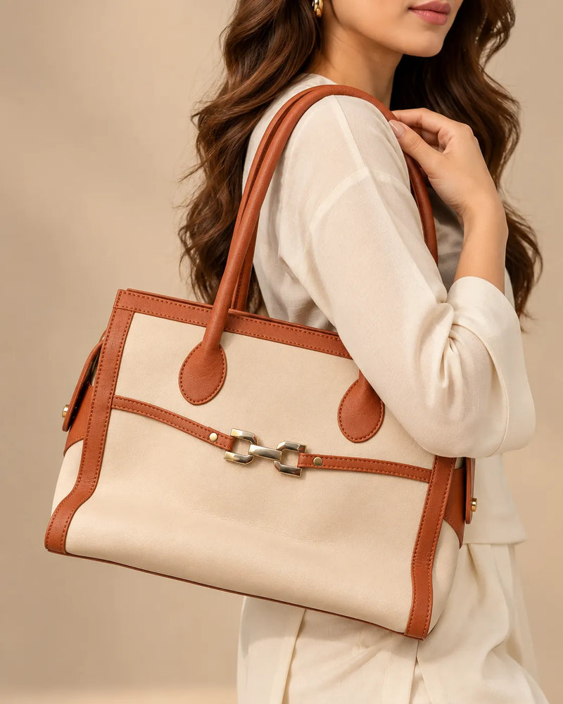 Skin Beige & Tan Brown Two-Tone Large Structured Tote Bag | Shoulder Work Purse