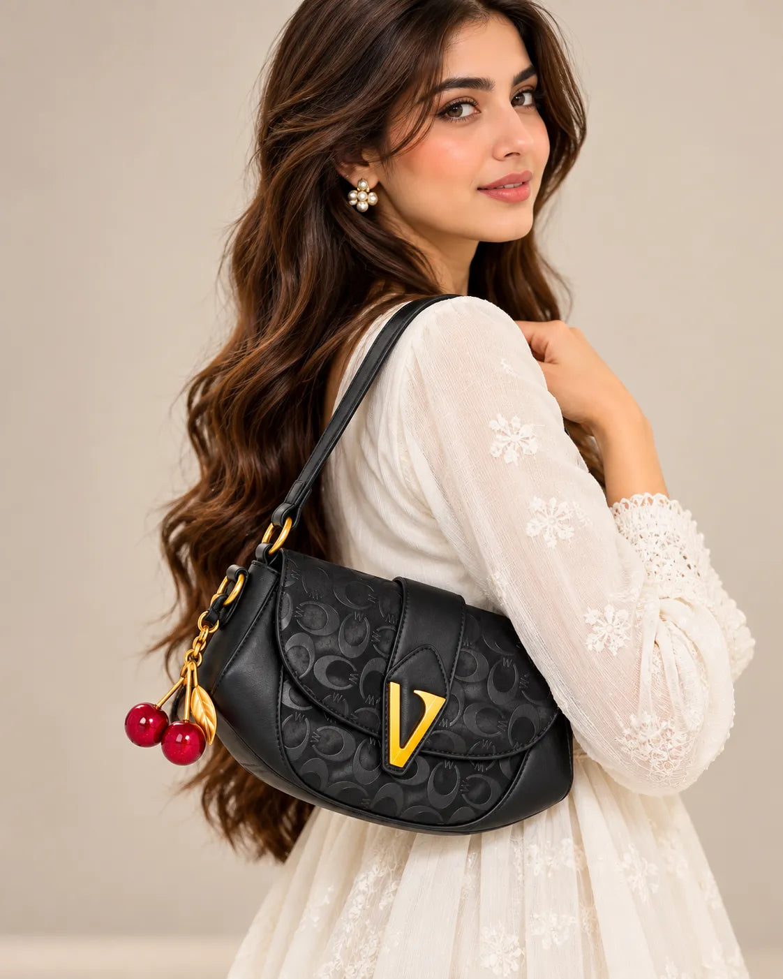Black Monogram V-Buckle Shoulder Bag | Curved Flap Purse with Red Cherry Charm