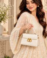 Off-White Top Handle Mini Flap Bag | Gold Double-Oval Logo Clasp Purse