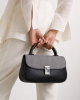 Two-Tone Black & Grey Top-Handle Leather Satchel Bag | Crossbody Shoulder Purse