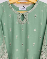 Pistachio Mint Green Embroidered Lawn Frock 3-Piece Stitched Suit with Chiffon Dupatta & Plain Trousers