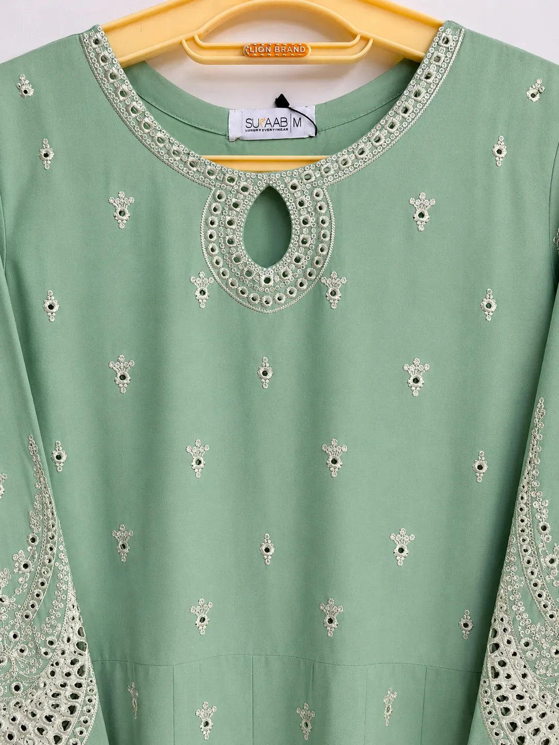 Pistachio Mint Green Embroidered Lawn Frock 3-Piece Stitched Suit with Chiffon Dupatta & Plain Trousers