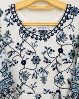 Faiza Saqlain Inspired Blue & White Printed Lawn Frock 3-Piece Stitched Suit with Net Dupatta