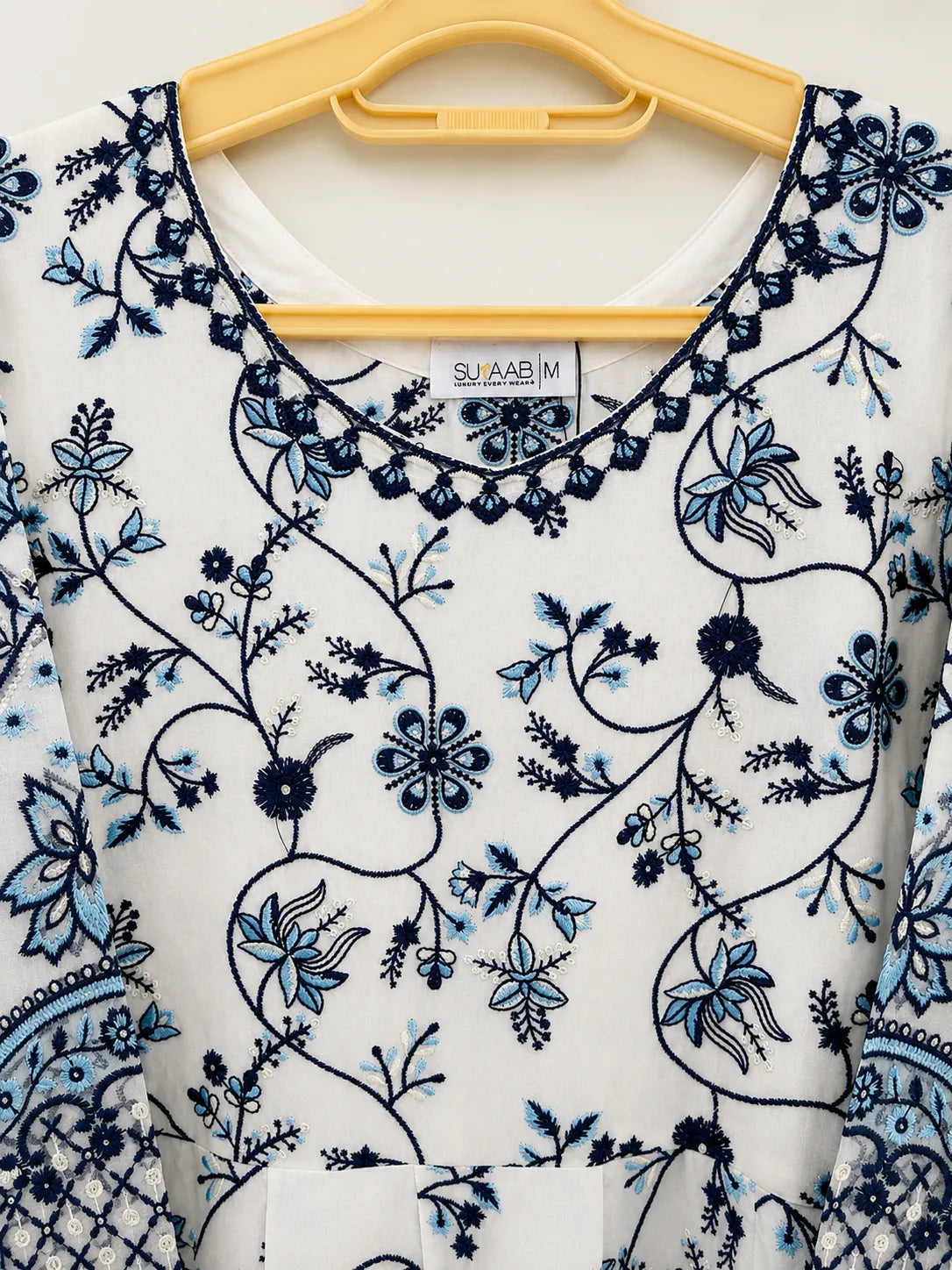 Faiza Saqlain Inspired Blue & White Printed Lawn Frock 3-Piece Stitched Suit with Net Dupatta