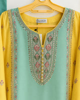 Mustard Yellow & Sea Green Embroidered Lawn 3-Piece Stitched Short Suit with Plazo & Doriya Dupatta