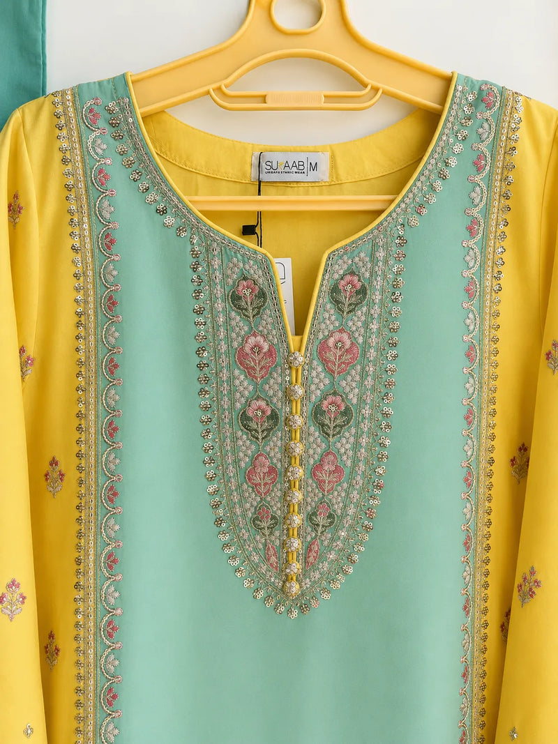 Mustard Yellow & Sea Green Embroidered Lawn 3-Piece Stitched Short Suit with Plazo & Doriya Dupatta