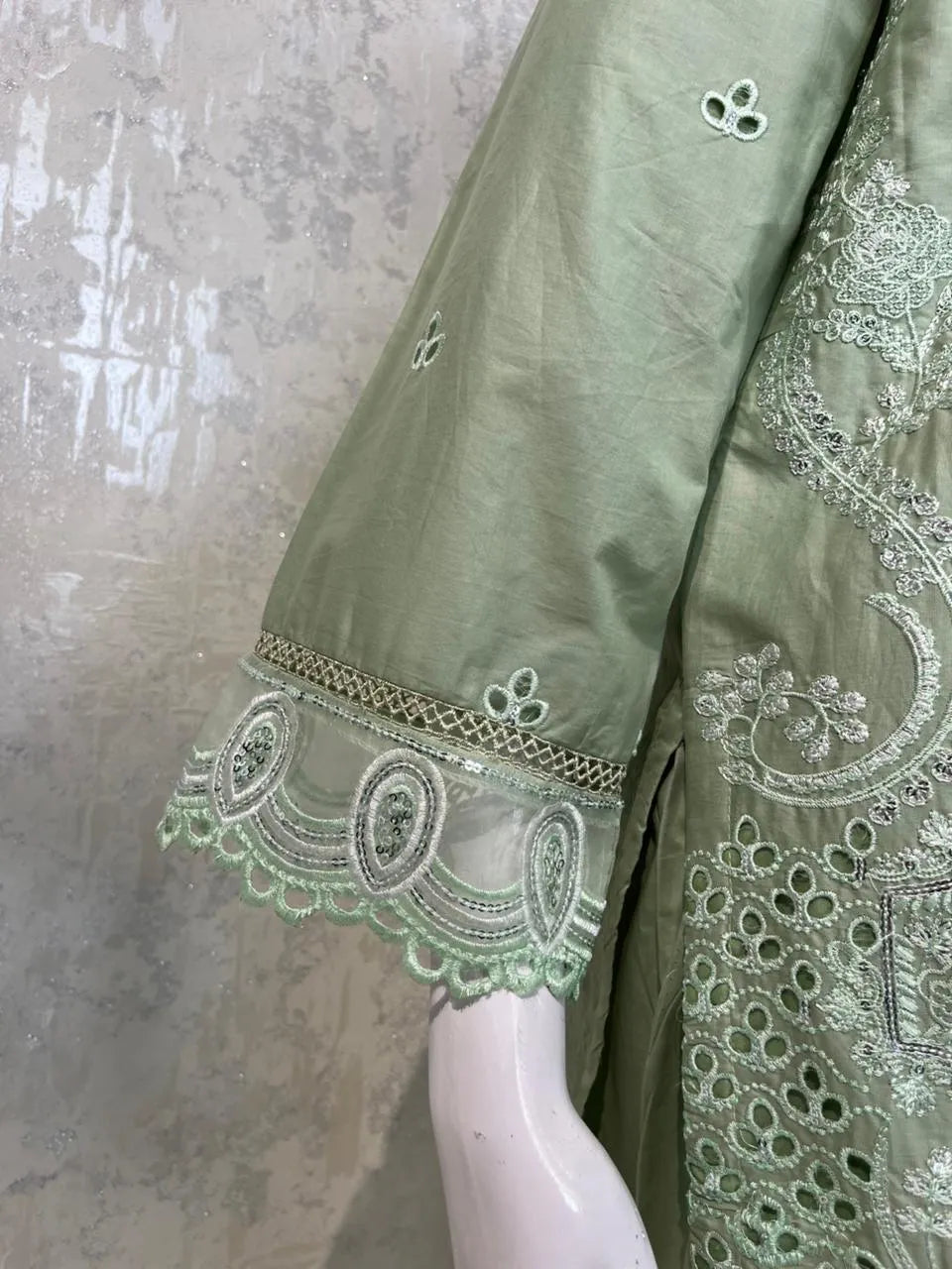 Aqua Blue Long Embroidered 3-Piece Stitched Suit with Organza Patch Work