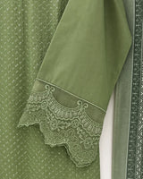 Olive Green Minimal Embroidered 3-Piece Stitched Suit with Floral Printed Dupatta