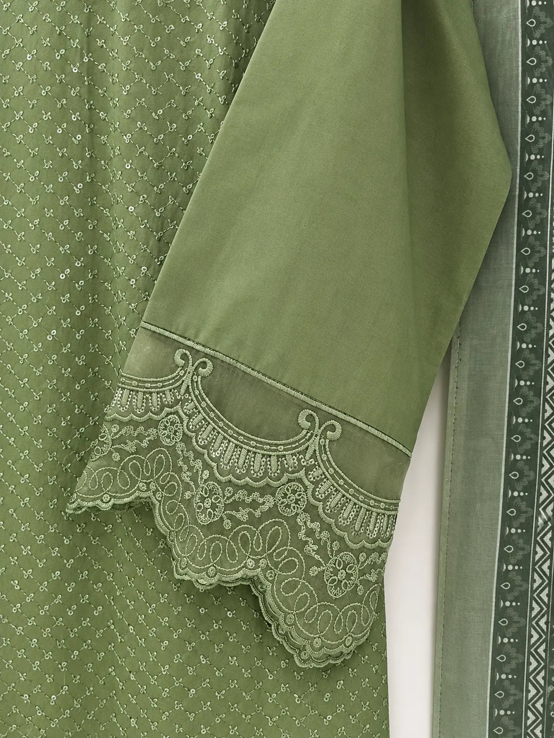 Olive Green Minimal Embroidered 3-Piece Stitched Suit with Floral Printed Dupatta