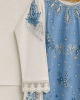 Off-White & Ink Blue Embroidered Lawn 3-Piece Stitched Long Suit with Organza Sleeves & Printed Chiffon Dupatta