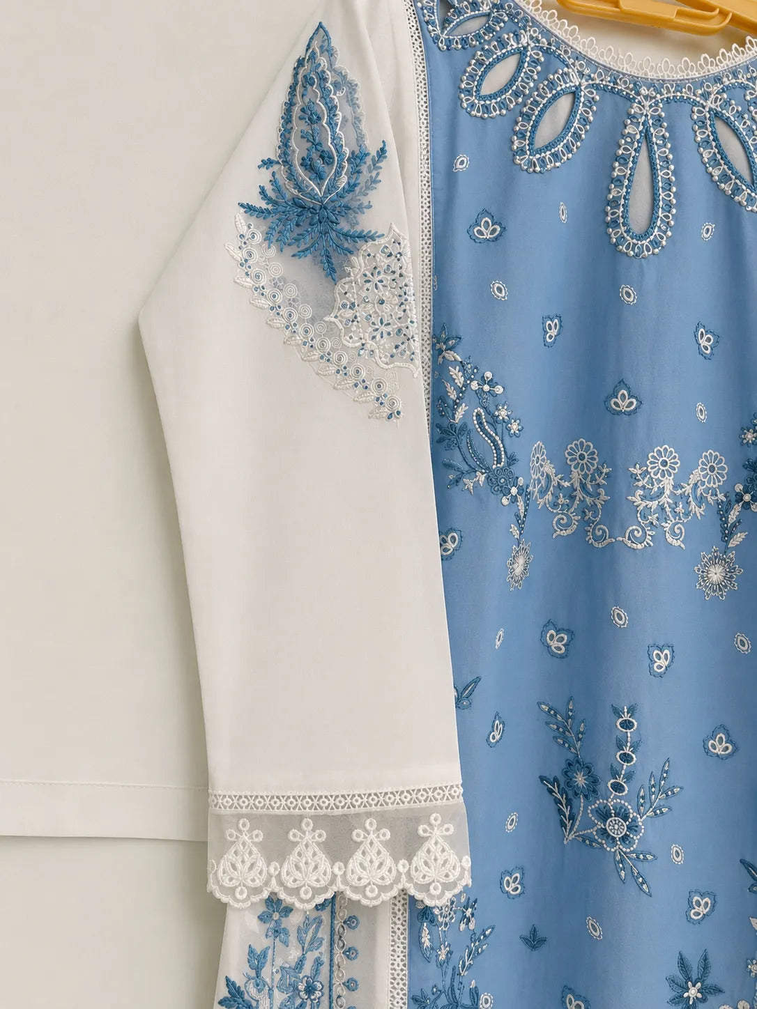 Off-White & Ink Blue Embroidered Lawn 3-Piece Stitched Long Suit with Organza Sleeves & Printed Chiffon Dupatta
