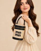 Min Min Woven Straw Cylinder Vanity Box Bag | Black Leather Trim Crossbody Purse